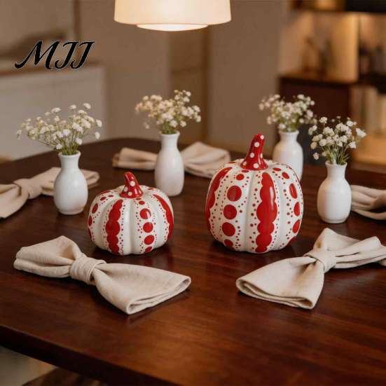 Autumn Harvest Table Centerpieces Ceramic Pumpkin Sculpture, Modern Polka Dot Figurine, Farmhouse Fall Seasonal Mantel Decor Tabletop Decoration