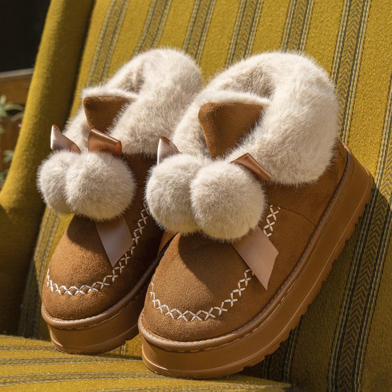 

Зимний бант двойной помпон снежные хлопковые ботинки модные средней высоты меховая отделка толстая подошва увеличение роста тепло и противоскольжение хлопковые ботинки 38-39 хаки