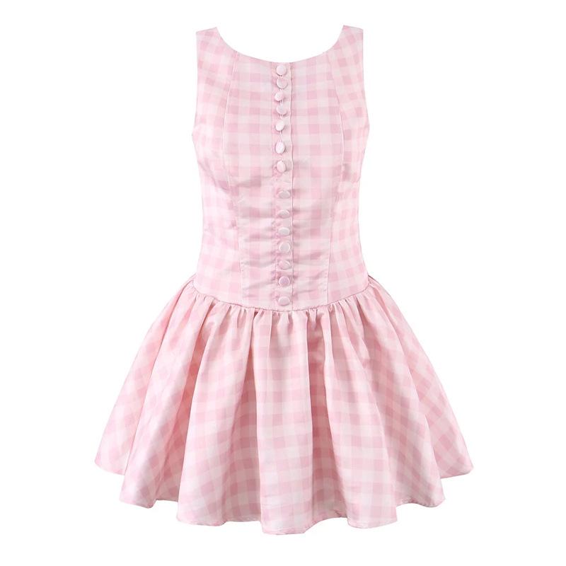 Women s Retro Pink Plaid Sleeveless Tank Dress - Petite, Waist-Cinching, A-Line, Short Skirt S