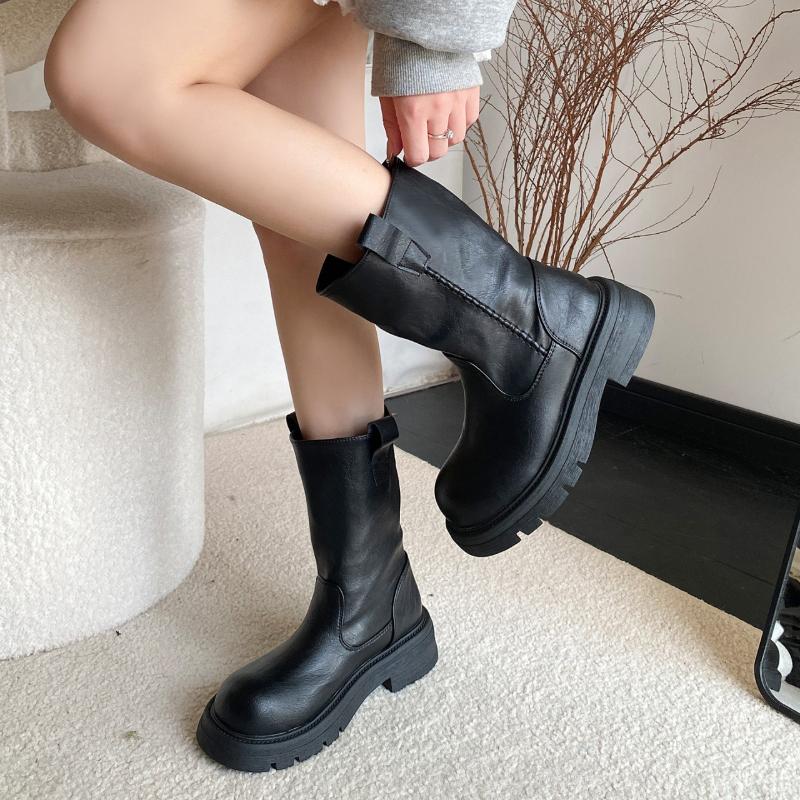 Winter Street Style Thick Heel Women Knight Boots Fashion Slip On Party Dress Shoes Ladies Concise Leather Mid Calf Booties