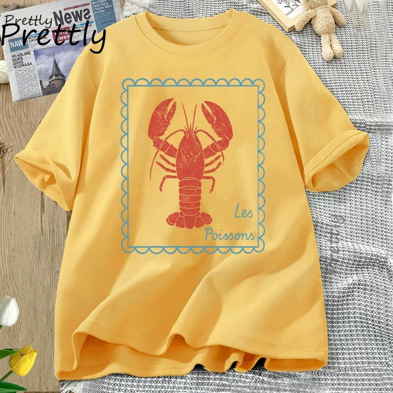 Koszulka z Homarem Francuska Nadmorska Koszulka Męska Damska Letnia Bawełniana Koszulka z Krótkim Rękawem Oversize Okrągły Dekolt Koszulka Oversize