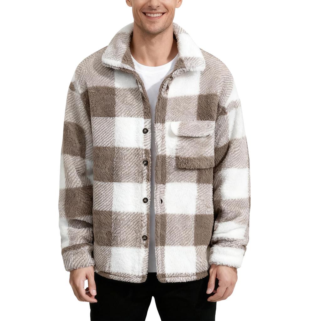 Flannel Shirt Jacket Men Plaid Button Down Teddy Winter Coats Lapel Oversized Warm Fuzzy Fleece Outwear With Pockets