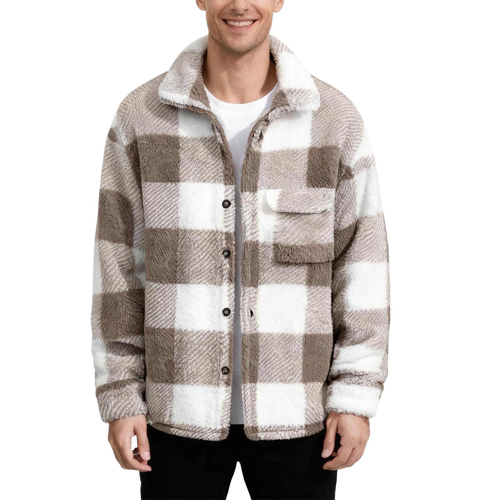 

Flannel Shirt Jacket Men Plaid Button Down Teddy Winter Coats Lapel Oversized Warm Fuzzy Fleece Outwear With Pockets XL кофейный