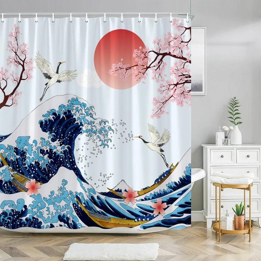 Pink Sakura Flowers Shower Curtains Japanese Cherry Blossoms Trees Floral Rustic Garden Landscape Fabric Print Bathroom Decor