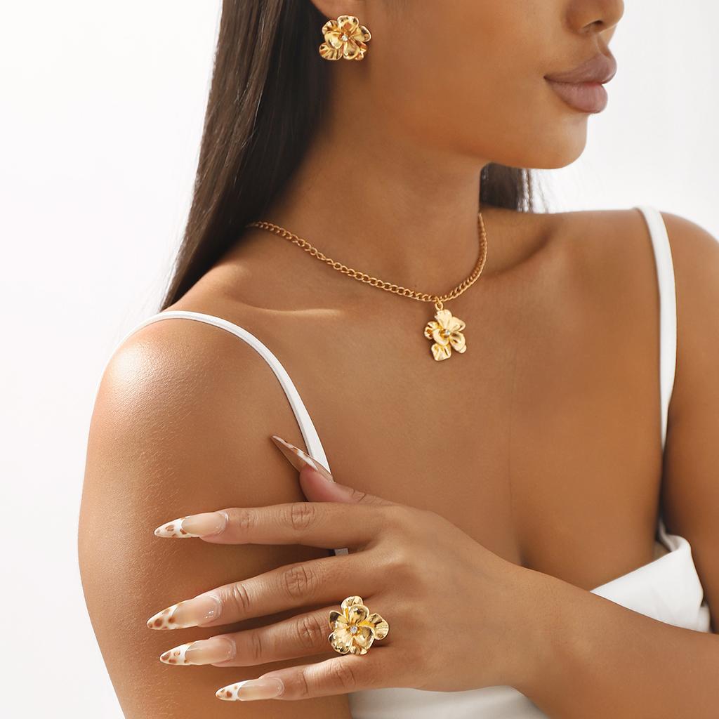 Women French Minimalist Design Metal Flower Stud Earrings Elegant Double Layer Flower Rhinestone Necklace Ring Jewelry