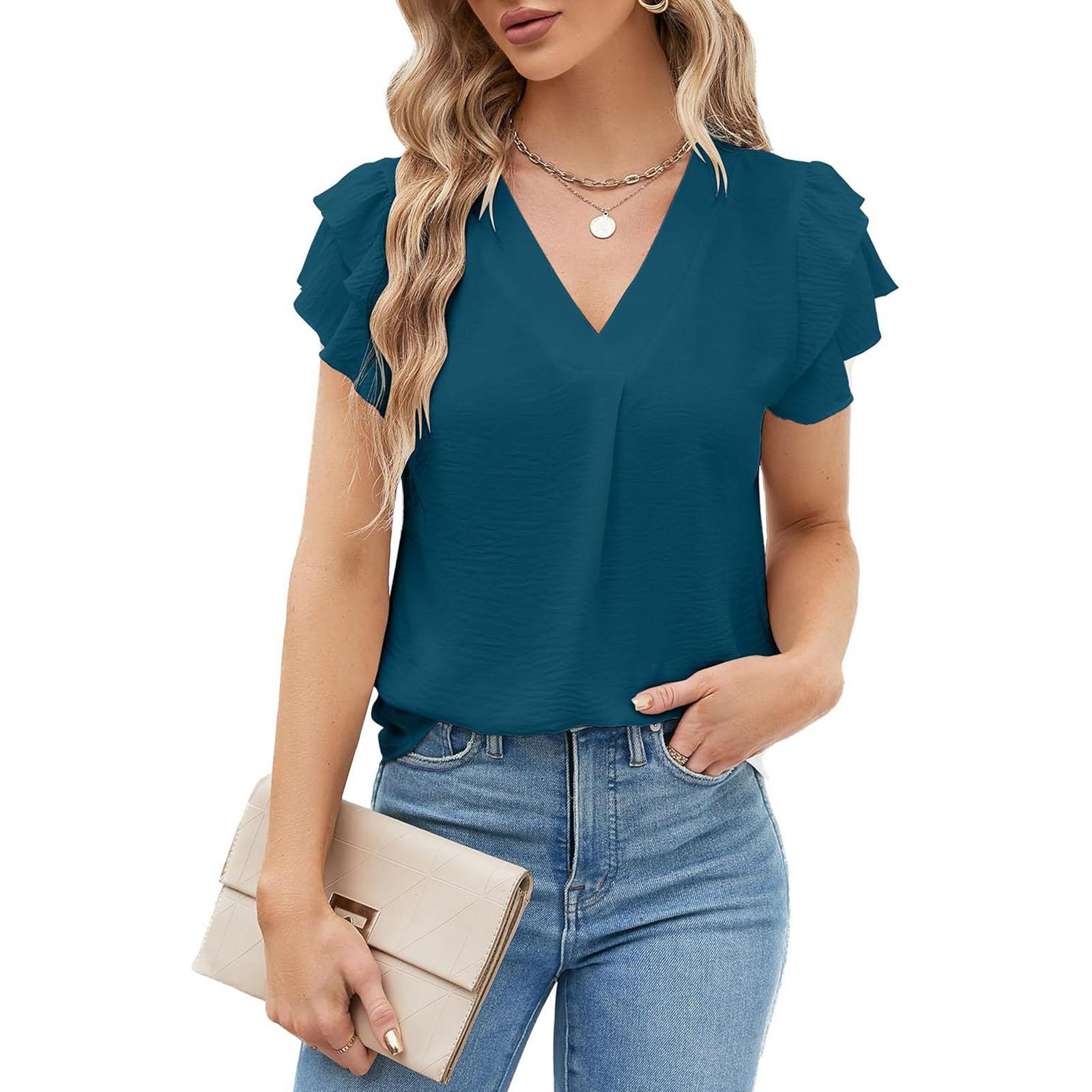 Women s Fashion Loose-Fit V-Neck Pullover T-Shirt Short Sleeve Top L