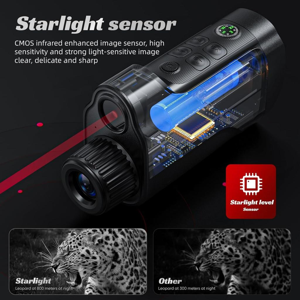 Handheld Night Vision Monocular with 2" HD Screen-Detection Range,10X Zoom for Camping Hunting&Wildlife Observation, Includes Compass&Supports TF Card