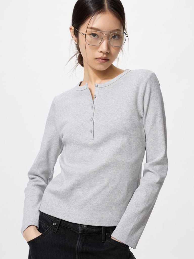 Uniqlo Rib Henley Neck T shirT Long Sleeve