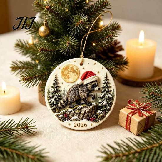 Holiday Home Decor Christmas Raccoon Acrylic Ornament, Cute Animal Hanging for Tree Unique Gift Friends Desk, Festive Decoration, Lovers Aesthetic