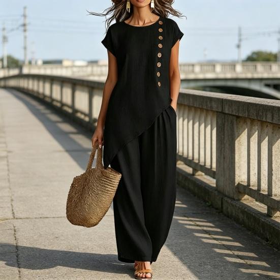 Women's Summer Casual 2 Piece Sets, Buttons Short Sleeve Top And Wide Leg Pants Matching Sets, Asymmetrical Hem Vacation Lounge Outfits