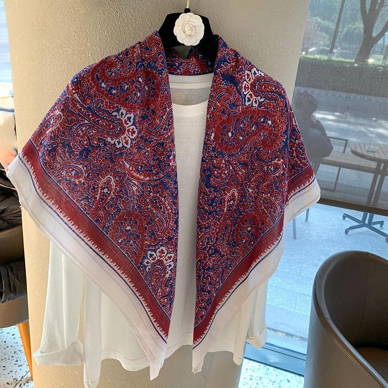 [Variety sunscreen shawl retro printed square scarf women's summer silk cotton silk scarf