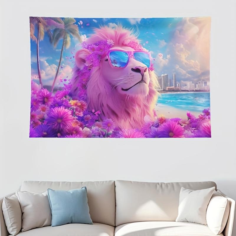 

1pc Large Wall Tapestry Pinkmaned Lion with Purple Floral Beach Scene Tropical Decor Hanging for Living Room Bedroom Dorm 74x94cm(29x37in)