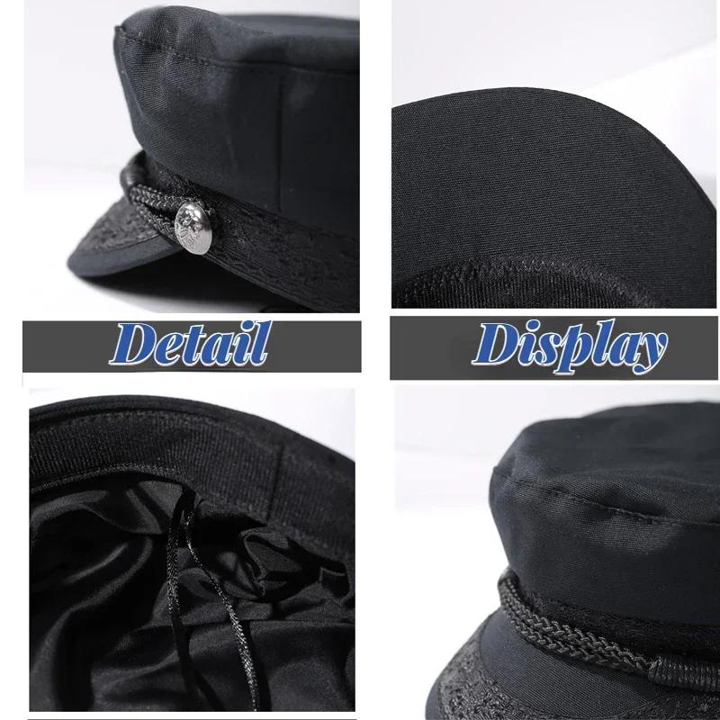 Große Größe 62cm Militärhut Mode Marinekappe Unisex Herren Flacher Schirm Seemannskapitän Hut Baumwolle Herbst Retro Schwarze Mütze