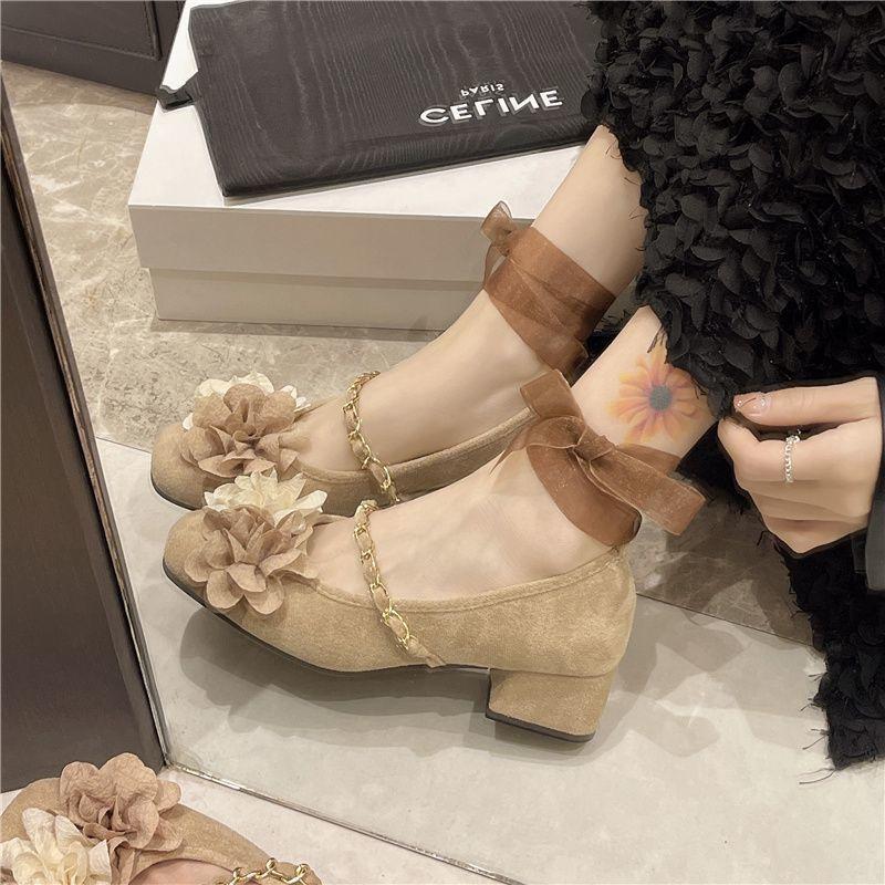 Inner heightening Chinese chain flower camellia evening breeze gentle single shoes high heels retro college style mary