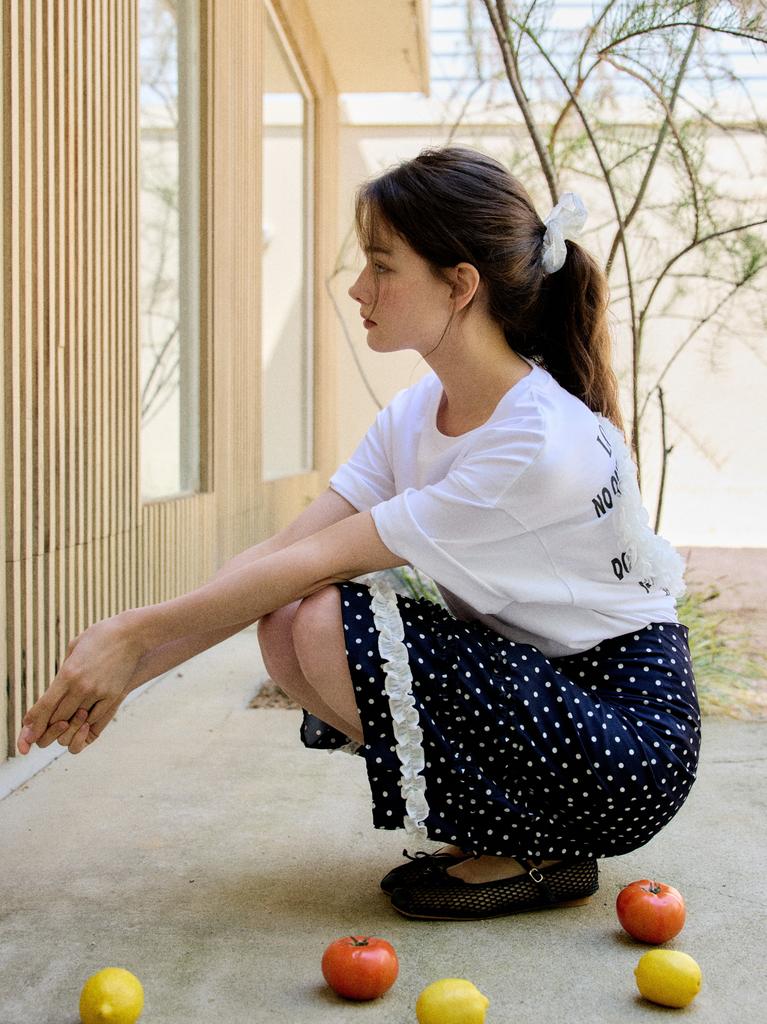 Endeopobeu Dot Frill Midi Skirt _ Navy