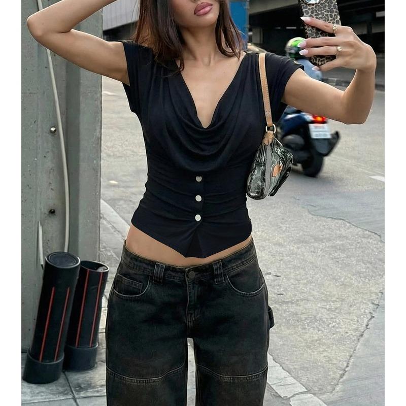 Women Summer Cowl Neck Short Sleeve Button Detail Slim Fit Solid Color Casual Blouse S