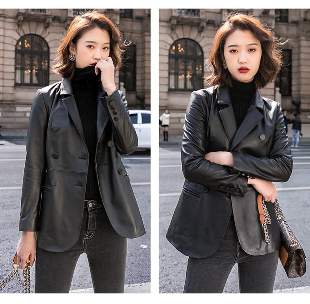 JINLUN Genuine Sheepskin and Lambskin Leather Winter Women's Jacket, Tailored, Spring, Autumn, (XL, Black)