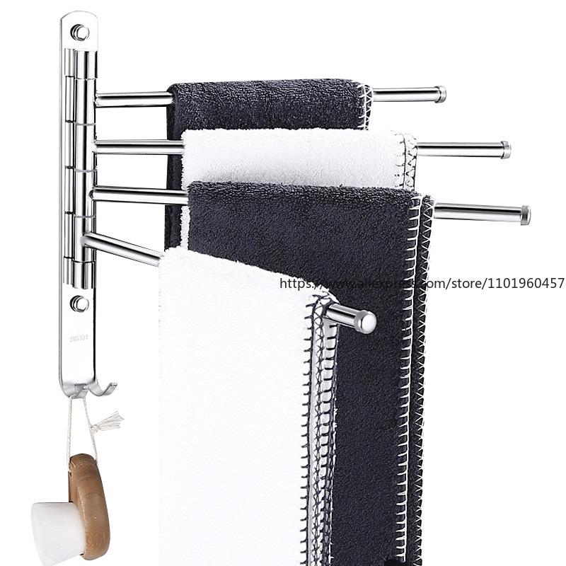 Bathroom Rotating Towel Bar Folding Movable Towel Rack No Punching 304 Stainless Steel Bathroom Rack Four Bars