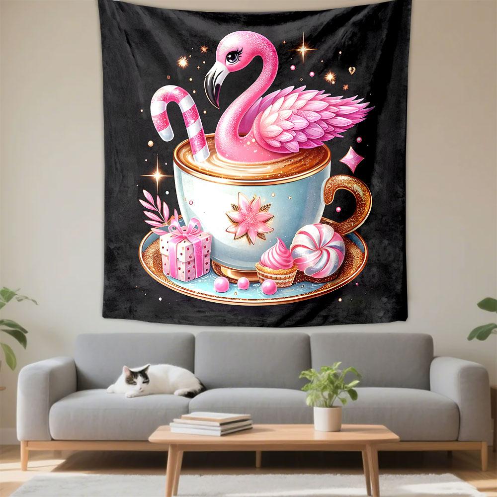 Pink Flamingo in Coffee Cup Fantasy Patterned Tapestry Decorative Wall Hanging, Home Bedroom Living Room Decor