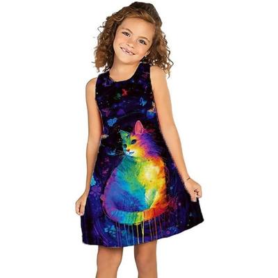 Summer Sleeveless Round-neck Vest Dresses Princess Dresses Cute 3D Printing Colorful Cat Pattern Girls' Dresses