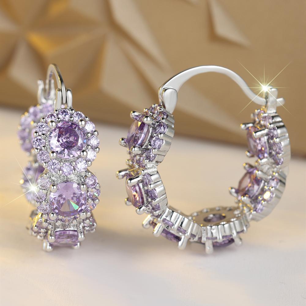 Exquisite Blue Cubic Zirconia Hoop Earrings for Women Elegant Purple Zircon Circle Earrings Wedding Party Jewelry Gift