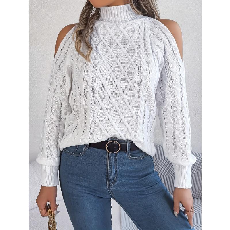 Women's Off-Shoulder High Neck Cable- Sweater - Soft Stretchy Long Sleeve Pullover, Solid Color Casual Chic Fall Winter Top, Highneck Pullover