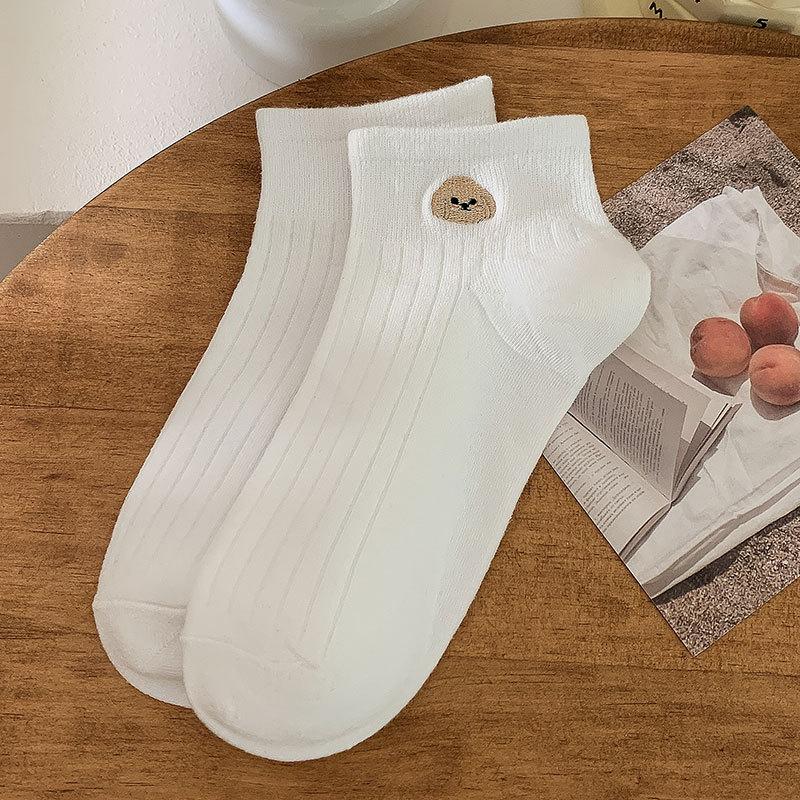 Women's Summer Thin Cartoon Embroidered Bear Low Top Shallow Mouth Non Slip Short Tube Boat Socks