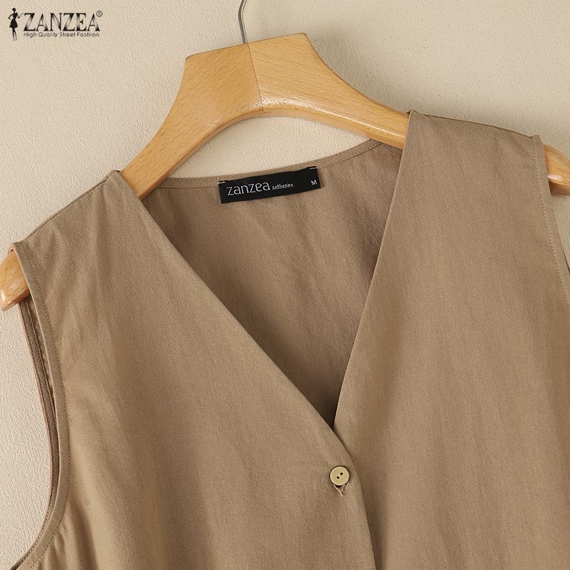 ZANZEA Women Casual V-Neck Solid Color Loose Sleeveless Cotton Tank Tops
