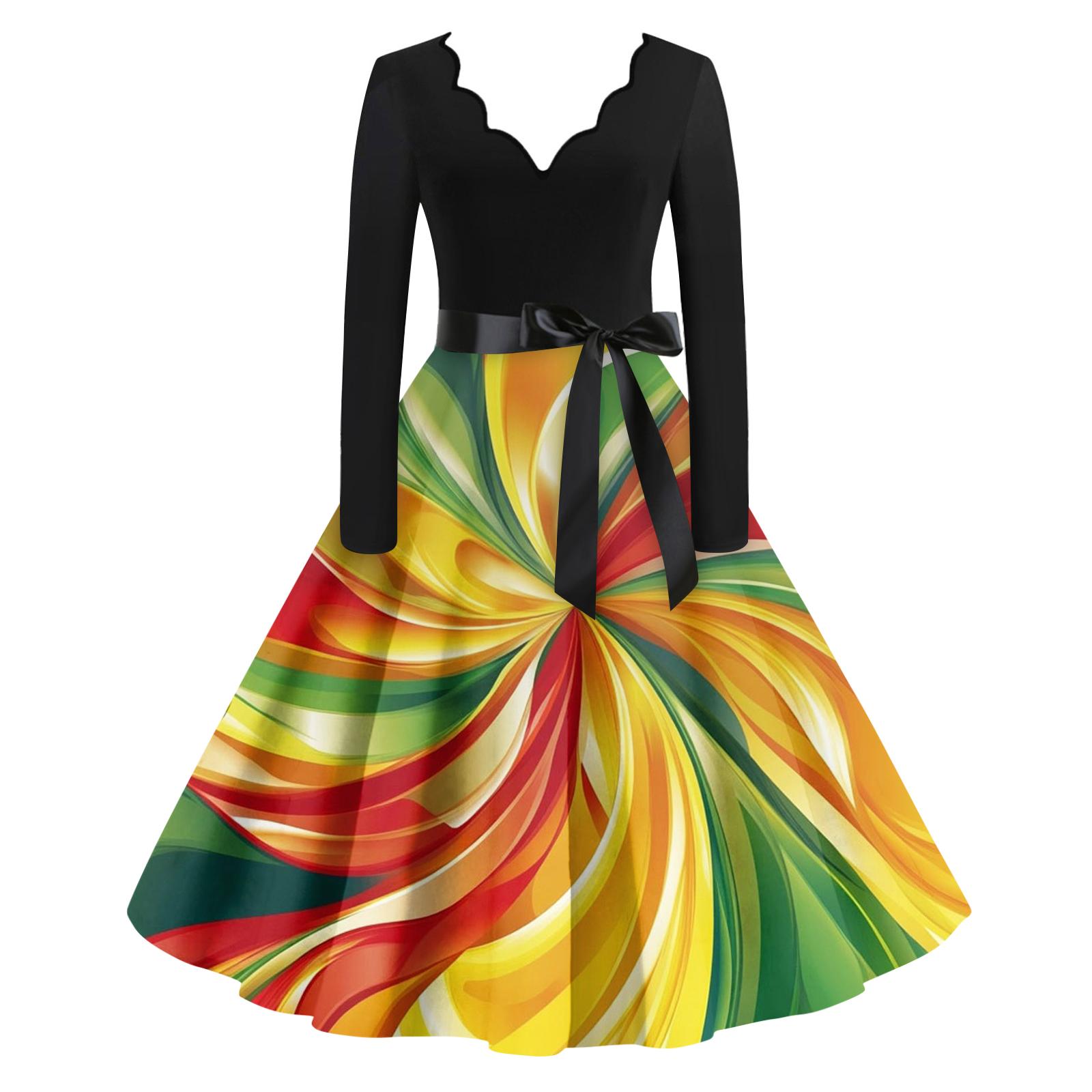 

Женское повседневное модное платье с V-образным вырезом и длинным рукавом с принтом в винтажном стиле XL