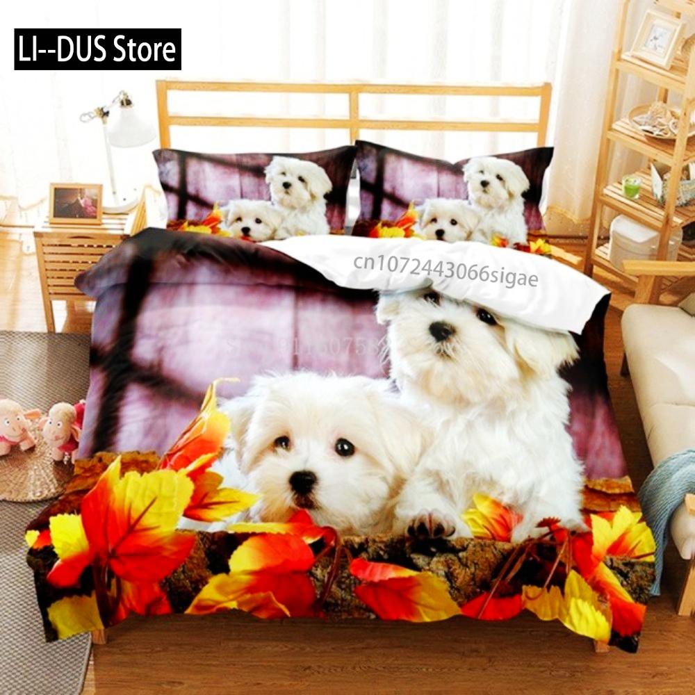 Cute White Dogs Bedding Set Lovely Puppy Husky Comforter Set King Queen Size Duvet Cover Set With Pillowcase Bed Linen For Girls