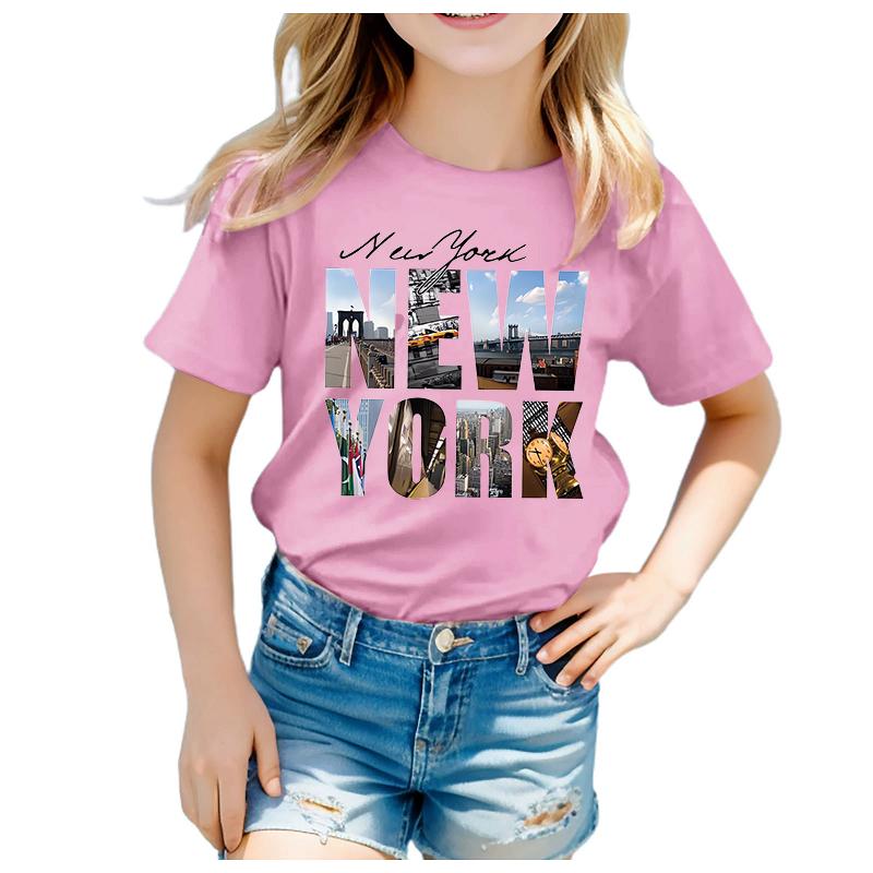 Instagram Girls NEW YORK Fashion Text Print Short Sleeve Summer Dress for Kids Kids Clothes Summer polyester fabric