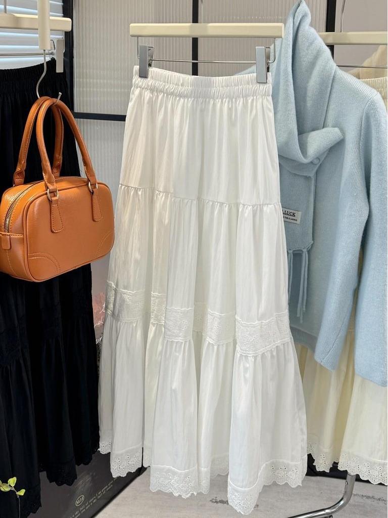 2026 Spring Korean Style Sweet Slimming A-Line Lace Patchwork Layered Cake Skirt