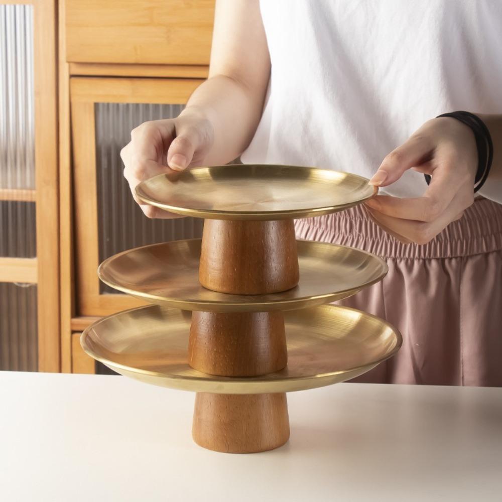 Stainless Steel High Foot Tray Wooden Base Fruit Display Plate New Dessert Plate Home Decoration