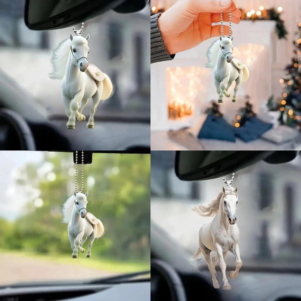 Modern Acrylic White Horse Car Hanging Ornament Stylish Interior Decoration Piece