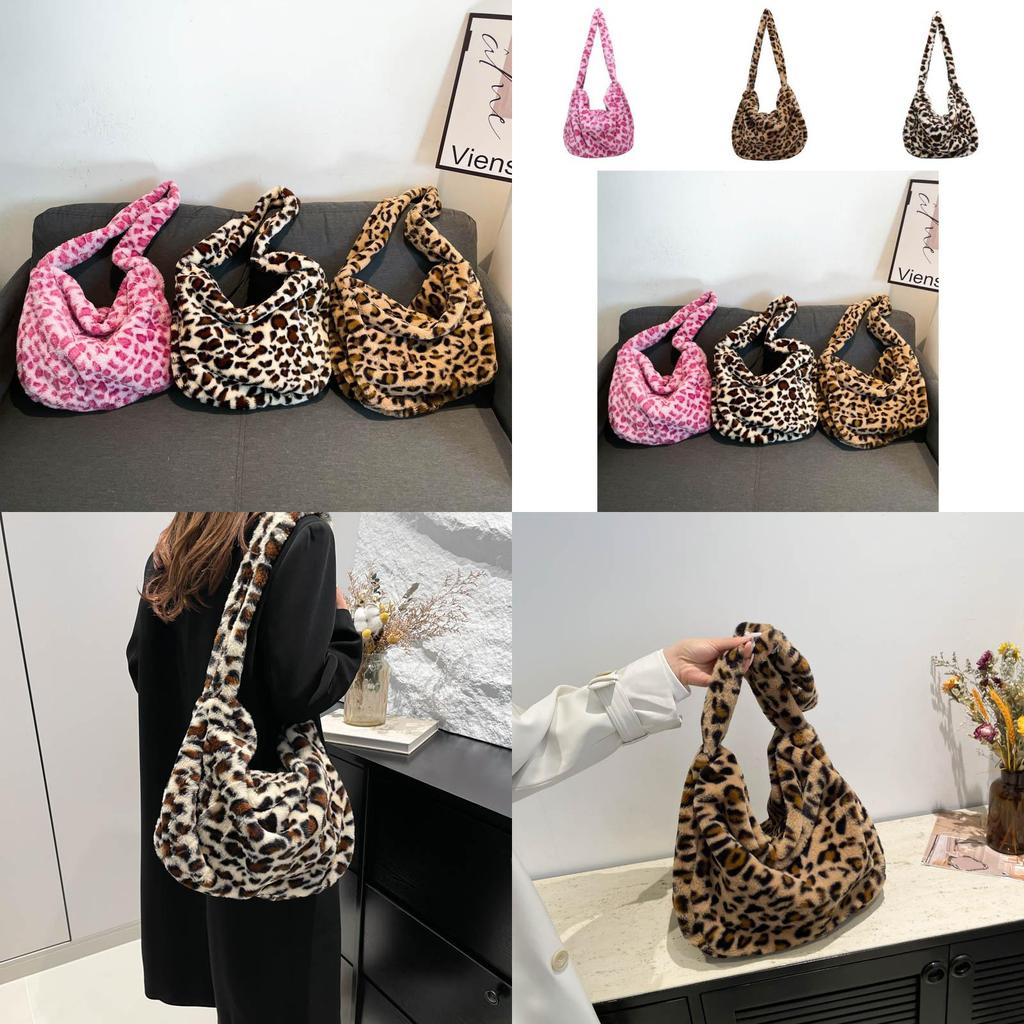 Luxurious Plush Tote Bag For Women Large Capacity With Chic Leopard Print Design