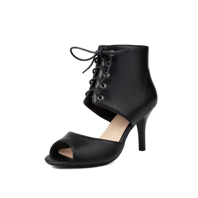 

Римские сандалии женские высокие открытый носок шнуровка летние женские сандалии черные белые 8 см тонкий высокий каблук сандалии женские WSH5045 39