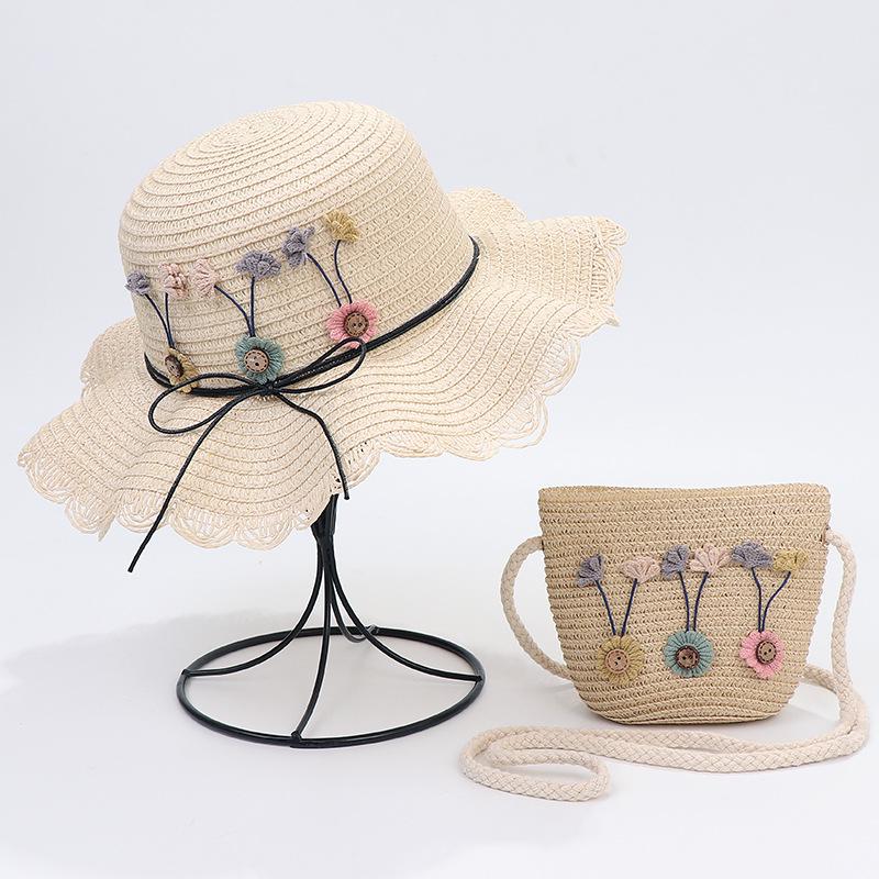 Korean-Style Kids' Floral Straw Hat & Bag Set - Sun Protection Beach Hat