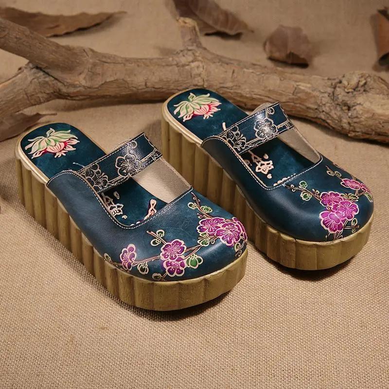 

Fashion GKTINOO 2025 Summer Shoes Women Wedge Slides Cover Toes Handmade Flower Thick Heels Genuine Leather Lady Platform Slippers 9