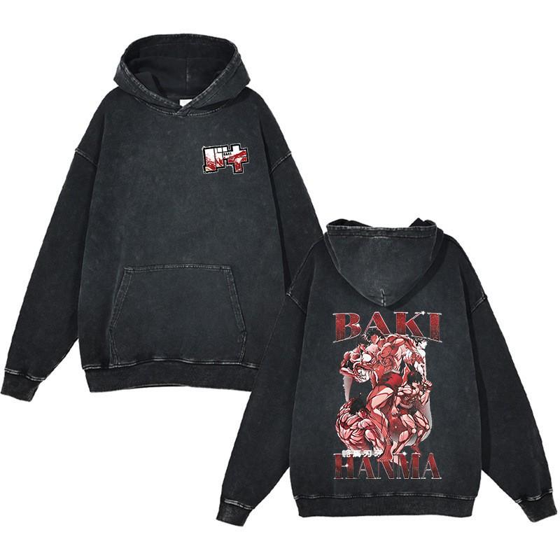 Baki Hanma Anime Streetwear Hoodie Heavyweight Cotton Washed Vintage Style Mens Long Sleeve Pullover