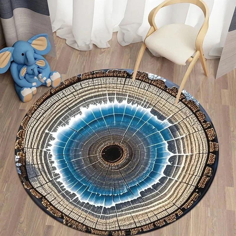 Natural Retro Tree Ring Slice Round Rug Collection Colorful Wood Grain Pattern Carpet For Living Room Kids' Room Decor