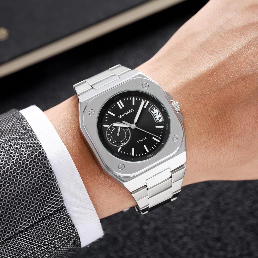 Mens Analog Quartz Wrist Watch Waterproof Luminous Dial Calendar Window Steel Band Square Dress Watches