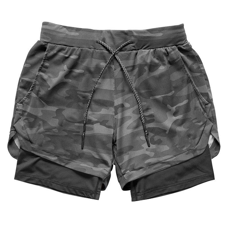 Men's Double Layer Color Block Sports Shorts with Hang Towel - Breathable, Solid Color Fitness Running Shorts.