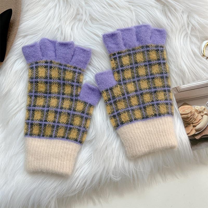 Warm gloves, women's autumn and winter knitted wool, contrasting colors, plaid, velvet, half fingers, half fingers, half fingers, students
