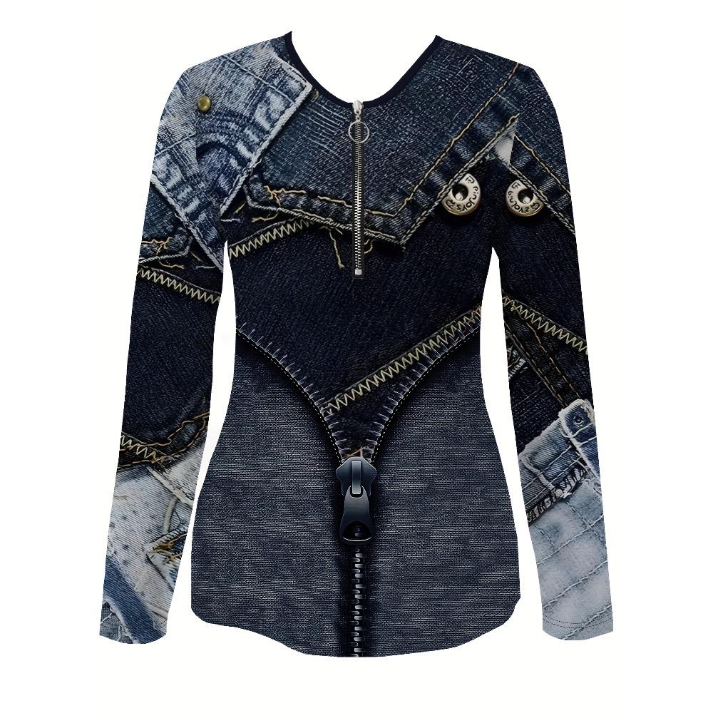 Comfortable Trend Casual Elegant Style Irregular Imitation Denim Element Printed Women's Zipper Long Sleeve
