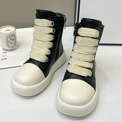 Vintage Tasarımcı Çocuk Ayakkabıları Moda Yüksek Taban Platform Siyah Deri Günlük Kız Erkek Kalın Taban Spor Ayakkabı