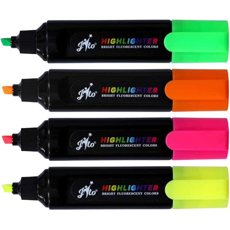 Bambalio Bright Fluorescent 4 Assorted Colours Hilighter Chisel Tip Quick Drying & Smudge Proof Non-Toxic Ink School, Ho