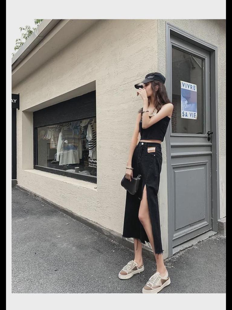 Black High Waist A-Line Denim Skirt with Side Slit - Trendy Summer Fashion for Women