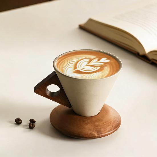 Yousheng Kreatives Kegel Kaffeetassenset mit Ergonomischem Griff Untersetzer aus Massivholz Hochtemperatur 250ml Keramik Kegelbecher für Espresso Latte Stilvoll