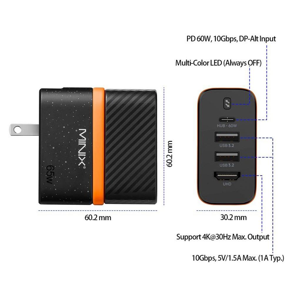 Minix P4K Wall Charger Hub Power Supply Adapter, 2*USB 3.2, 4K@30Hz UHD Port, PD60W Fast Charging Type-C Port