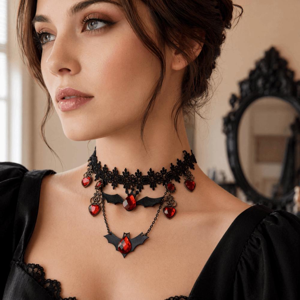 Dark Style Gothic Choker Red Rhinestone Heart Bat Earrings Halloween Necklace Holiday Gift